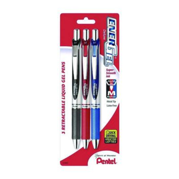 Energel Rtx Deluxe Gel Pen, Retractable, Medium 0.7 Mm, Assorted Ink And Barrel Colors, 3/Pack