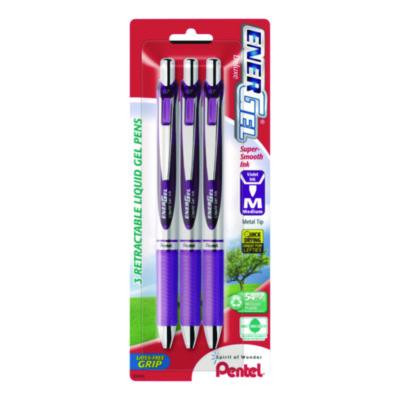 Energel Rtx Deluxe Gel Pen, Retractable, Medium 0.7 Mm, Purple Ink, Purple/Silver Barrel, 3/Pack