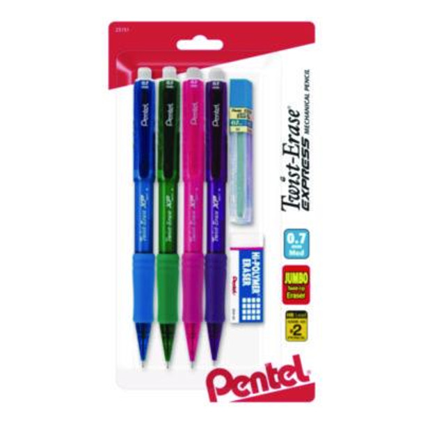 Twist Erase Express Mechanical Pencil, 0.7 Mm, Hb (#2), Black Lead, Assorted Color Barrels, 4/Pack