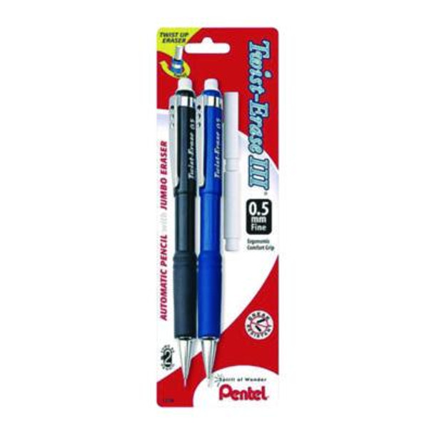 Twist-Erase Iii Mechanical Pencil, 0.5 Mm, Hb (#2), Black Lead, Black/Blue Barrel, 2/Pack