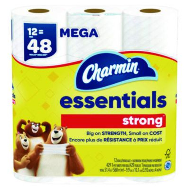 Essentials Strong Bathroom Tissue, Septic Safe, 1-Ply, White, 429 Sheets/Roll, 12 Rolls/Pack, 4 Packs/Carton