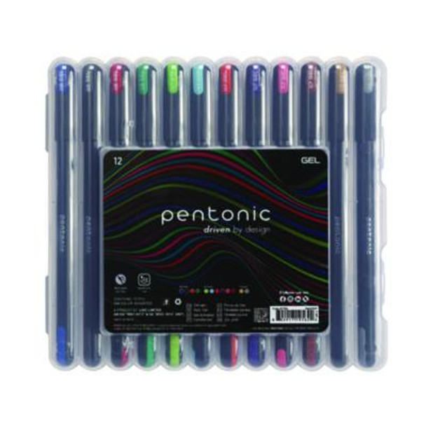 Pentonic Gel Pen, Stick, Assorted Point Sizes, Assorted Ink Colors, Black Barrel, 12/Pack