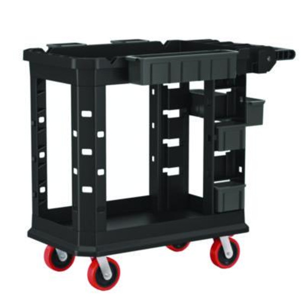 Heavy Duty Plus Utility Cart, Plastic, 2 Shelves, 6 Bins, 500 Lb Capacity, 19.5" x 41.78" x 34.81", Black