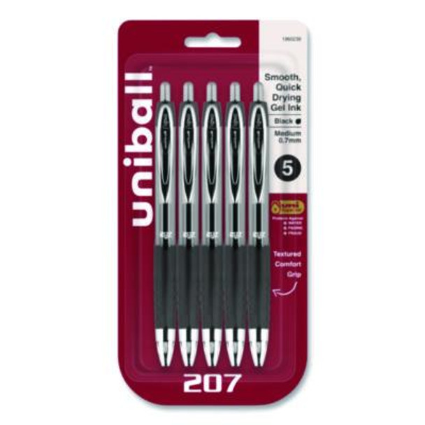 Signo 207 Gel Pen, Retractable, Medium 0.7 Mm, Black Ink, Clear/Black Barrel, 5/Pack