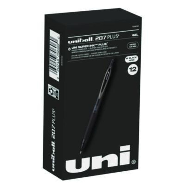 207 Plus+ Gel Pen, Retractable, Micro 0.5 Mm, Black Ink, Black Barrel, Dozen