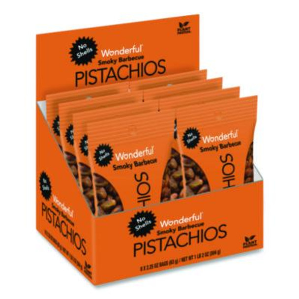 No Shells Smoky Barbecue Pistachios, 2.25 Oz Pack, 8/Box