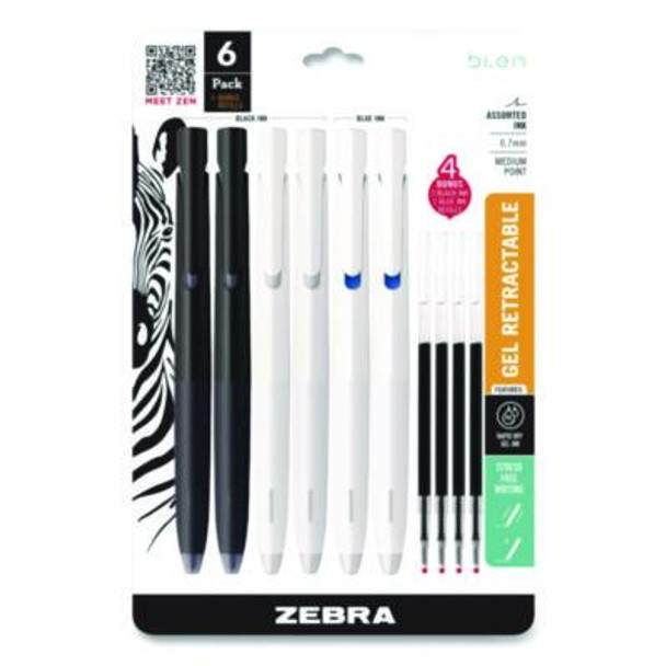 Blen Gel Pen, Medium 0.7 Mm, Black; Blue Ink, White; Black Barrel, 6/Pack