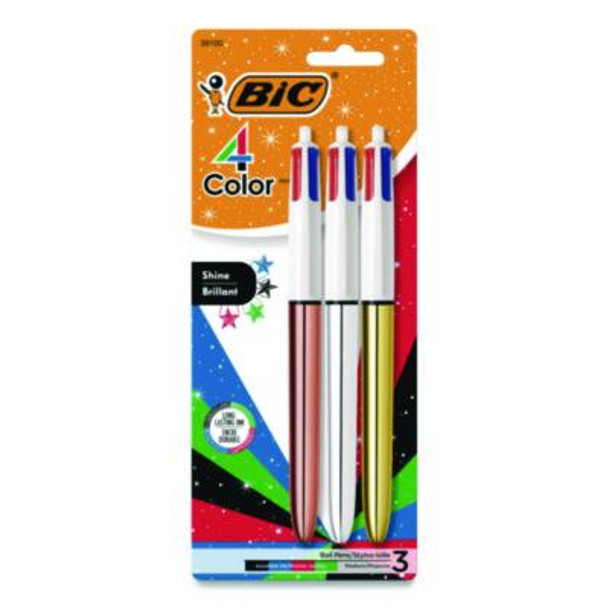 4-Color Shine Multi-Color Ballpoint Pen, Retractable, Medium 1Mm, Black/Blue/Green/Red Ink, Assorted Metallic Barrels, 3/Pack