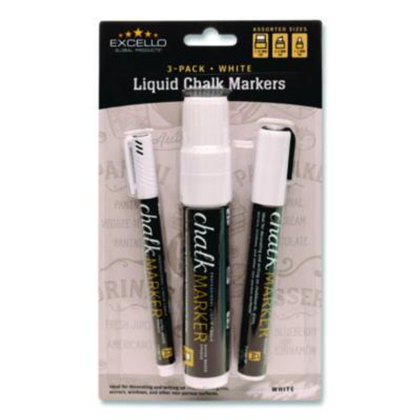 Liquid Chalk Markers, Assorted Tip Sizes And Types, White, 3/Pack