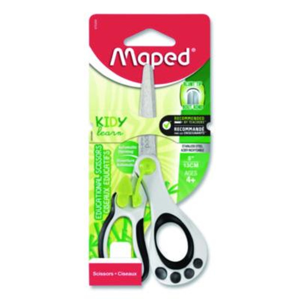 Kidy Spring-Assisted Educational Scissors Rounded Tip, 5.41" Long, 2" Cut Length, Straight White/ Black Handle