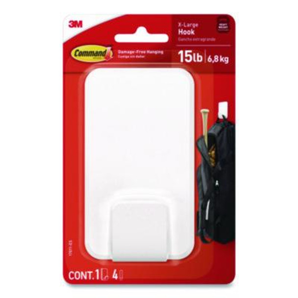 X-Large Utility Hooks, Plastic, White, 15 Lb Capacity, 1 Hook And 4 Strips