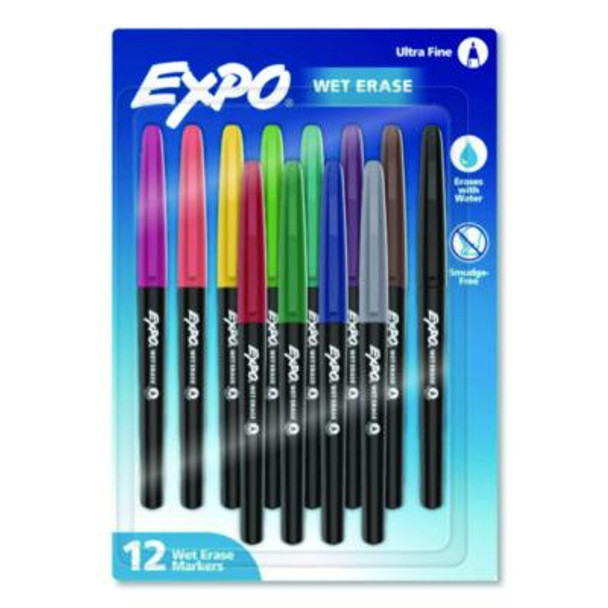 Wet Erase Markers, Ultra Fine Needle Tip, Assorted Colors, 12/Pack
