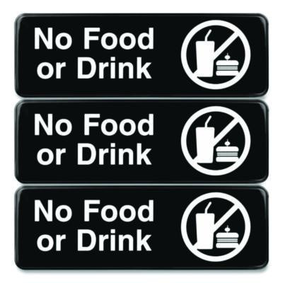 No Food Or Drink Wall Sign, 9" x 3", Black Face, White Graphics, 3/Pack