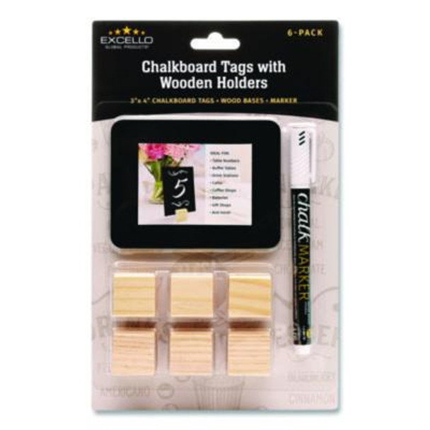 Tabletop Chalkboard Tag, Black Surface, Teak Wood Holder, 3 x 4, 6/Pack