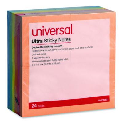 Ultra Sticky Note Pads, 3" x 3", Assorted, 100 Sheets/Pad, 24 Pads/Pack