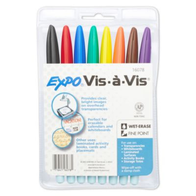 Vis-A-Vis Wet Erase Marker, Fine Bullet Tip, Assorted Colors, 8/Set