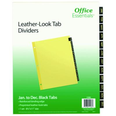 Preprinted Black Leather Tab Dividers, 12-Tab, Jan. To Dec., 11 x 8.5, Buff, 1 Set