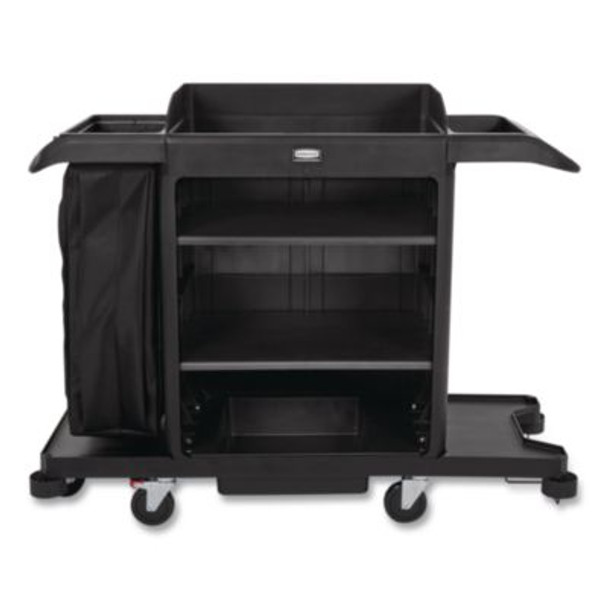 Full-Size Housekeeping Cart, Plastic, 3 Shelves, 1 Bin, 24.4 x 62.4 x 49, Black
