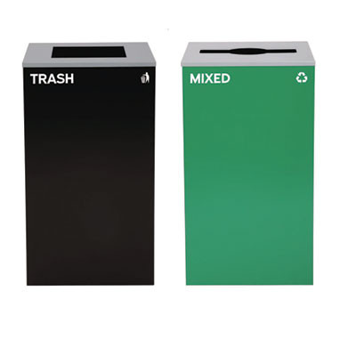 29 Gallon Trash/Recycling Cans, Steel, Green Mixed Recycling Can With Mixed Lid, Black Trash Can With Square Lid