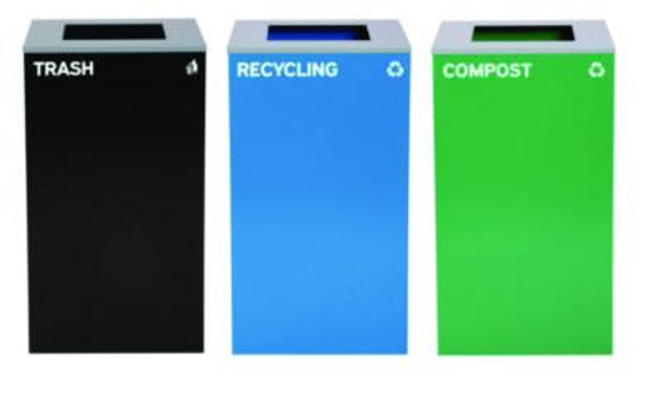 29 Gallon Trash/Recycling Cans, Steel, Blue Recycling Can, Green Compost Can, Black Trash Can With Square Lids
