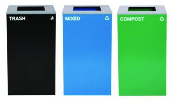 29 Gallon Trash/Recycling Cans, Steel, Blue Mixed Recycling Can, Green Compost Can, Black Trash Can With Square Lids