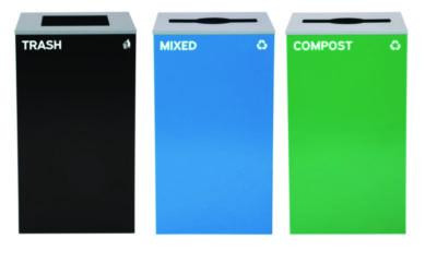 29 Gallon Trash/Recycling Cans, Steel, Blue Mixed Recycling And Green Compost Cans w/Mixed Lids, Black Trash Can w/Square Lid