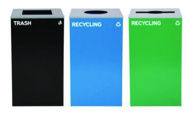29 Gallon Trash/Recycling Cans, Steel, Blue Recycling Can w/Circle Lid, Green Recycling w/Mixed Lid, Black Trash w/Square Lid