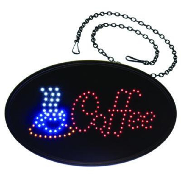 Led Oval Coffee Sign, 23 x 14, Black Frame, Blue/Red Graphics