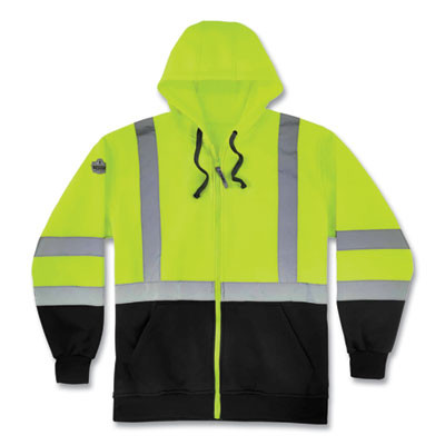 Glowear 8372 Zipup Hivis Class 3 Zip Hooded Sweatshirt With Black Bottom, Polar Fleece, Lime, 3X-Large