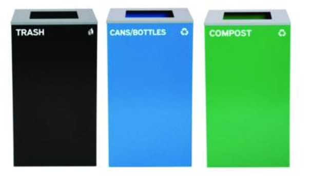 29 Gallon Trash/Recycling Cans, Steel, Blue Cans/Bottles Recycling Can, Green Compost Can, Black Trash Can With Square Lids