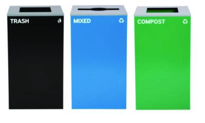 29 Gallon Trash/Recycling Cans, Steel, Blue Mixed Recycling Can w/Mixed Lid, Green Compost And Black Trash Cans w/Square Lids