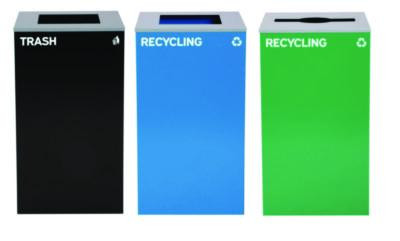 29 Gallon Trash/Recycling Cans, Steel, Blue Recycling Can And Black Trash Can w/Sq Lid, Green Recycling Can With Mixed Lid