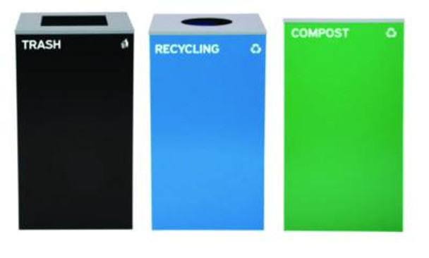 29 Gallon Trash/Recycling Cans, Steel, Blue Recycling Can w/Circle Lid, Green Compost Can And Black Trash Can w/Square Lids