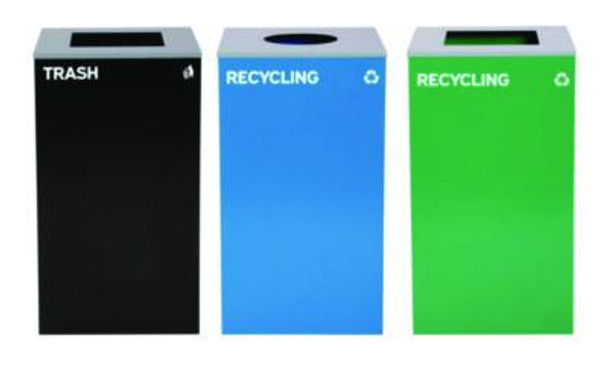 29 Gallon Trash/Recycling Cans, Steel, Blue Recycling Can w/Circle Lid, Green Recycling Can And Black Trash Can w/Square Lids