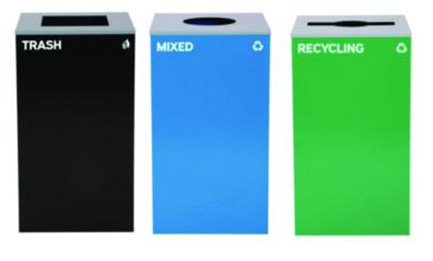 29 Gallon Trash/Recycling Cans, Steel, Blue Mixed Recycling w/Circle Lid, Green Recycling w/Mixed Lid, Black Trash w/Sq Lid