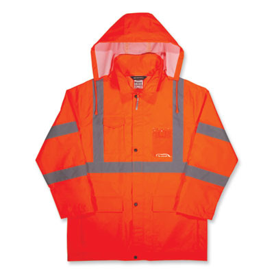 Glowear 8366 Class 3 Lightweight Hi-Vis Rain Jacket, Polyester, Large, Orange