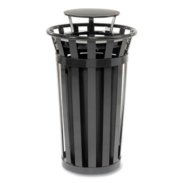 Outdoor Slatted Steel Trash Can, Rain Bonnet Lid, 24 Gal, Black