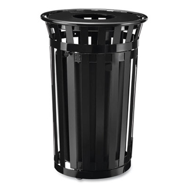 Outdoor Slatted Steel Trash Can, With Access Door, 36 Gal, Steel Black