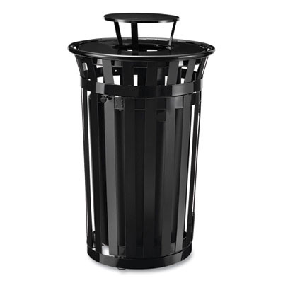 Outdoor Slatted Steel Trash Can, With Access Door And Rain Bonnet Lid, 36 Gal, Black