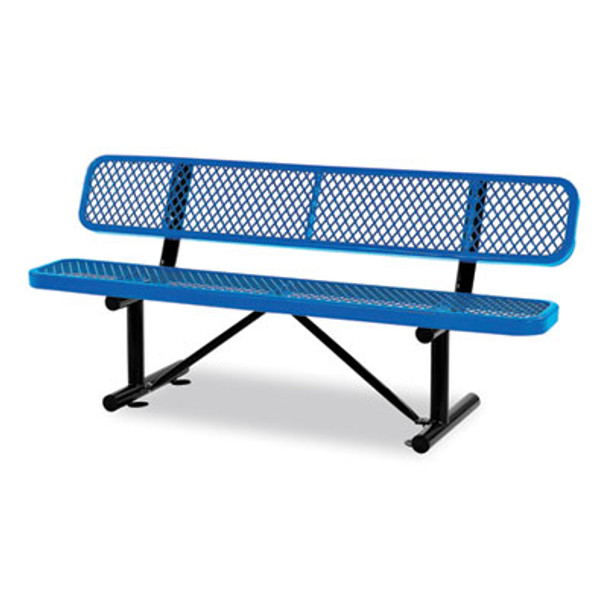 Expanded Steel Bench With Back, 72" x 24" x 33", Blue Seat/Back, Black Base