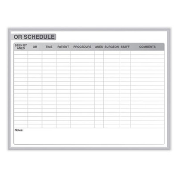 Or Schedule Magnetic Whiteboard, Operating Room Scheduling Chart, 48.5" x 36.5", White/Gray Surface, Satin Aluminum Frame