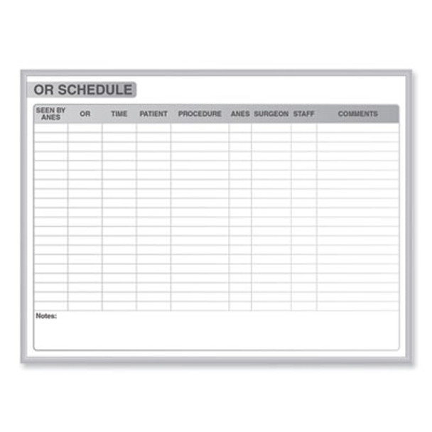 Or Schedule Magnetic Whiteboard, Operating Room Scheduling Chart, 72.5" x 48.5", White/Gray Surface, Satin Aluminum Frame