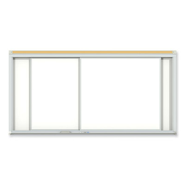 Horizontal Sliding Porcelain Magnetic Whiteboard, 96" x 48", White Surface, Anodized Aluminum Frame
