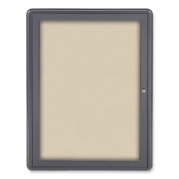 Ovation 1 Door Enclosed Fabric Bulletin Board, 24.13" x 33.75", Beige Surface, Powder-Coated Gray Aluminum Frame