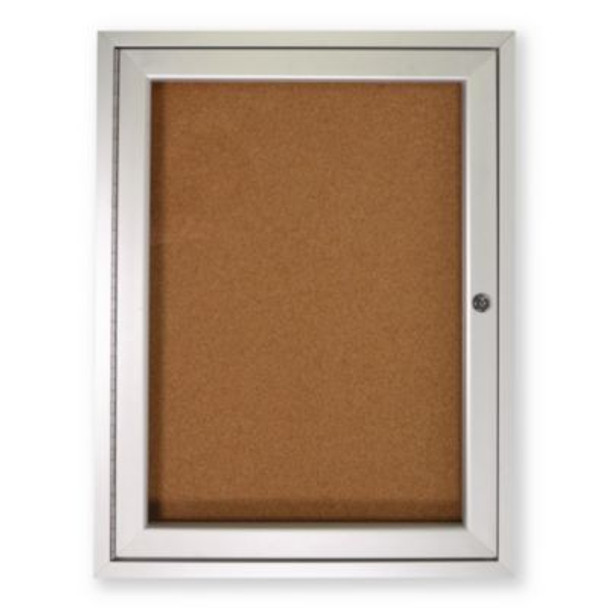 1 Door Enclosed Natural Cork Bulletin Board With Satin Frame, 18" x 24", Tan Surface, Satin Aluminum Frame