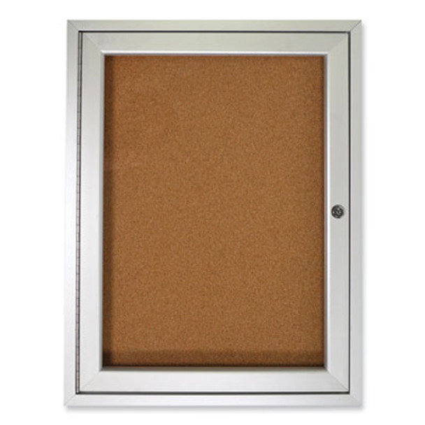 1 Door Enclosed Natural Cork Bulletin Board With Satin Frame, 30" x 36", Tan Surface, Satin Aluminum Frame
