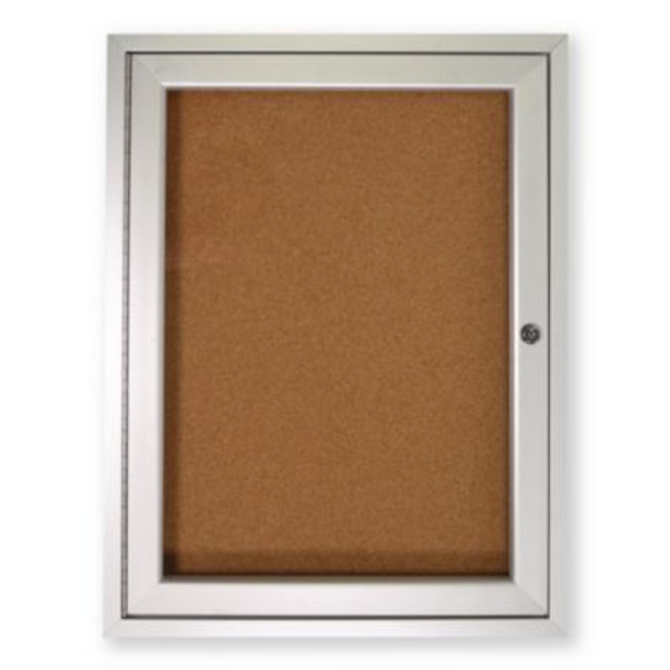 1 Door Enclosed Natural Cork Bulletin Board With Satin Frame, 30" x 36", Tan Surface, Satin Aluminum Frame