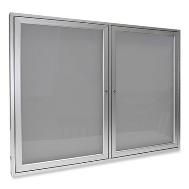 2 Door Enclosed Vinyl Bulletin Board With Satin Frame, 48" x 36", Silver Surface, Satin Aluminum Frame