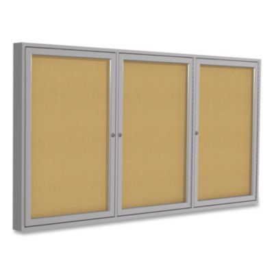 3 Door Enclosed Natural Cork Bulletin Board With Satin Frame, 72" x 48", Tan Surface, Satin Aluminum Frame