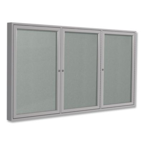 3 Door Enclosed Vinyl Bulletin Board With Satin Frame, 96" x 48", Silver Surface, Satin Aluminum Frame